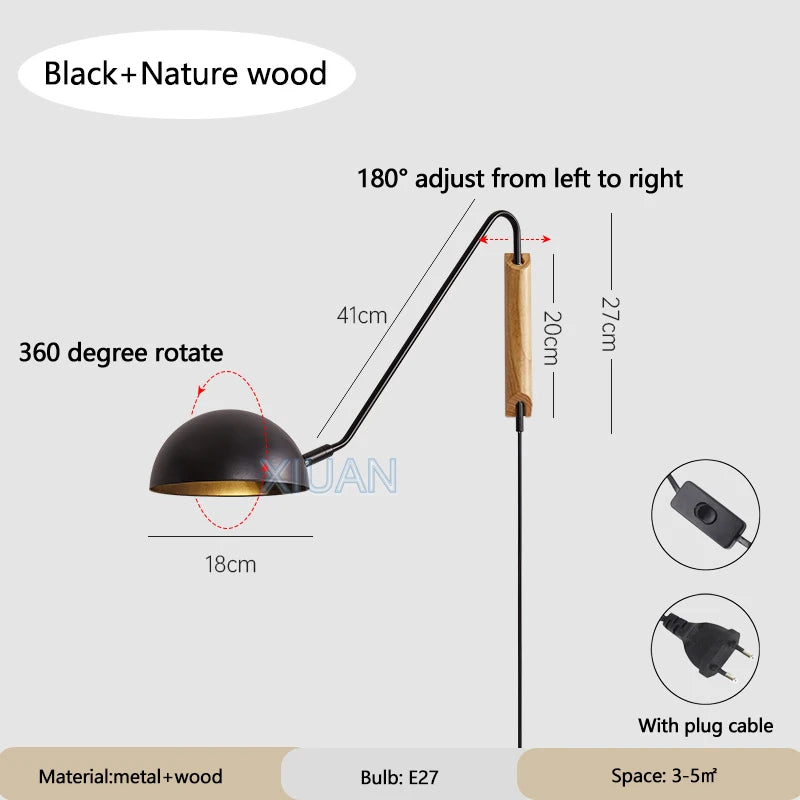 Nordic Bedroom Bedside Wall Lamps Plug In Wall Sconce Black White Iron Lampshade Swing Long Arms Wall Mounted Light E27 - vue 9 sur 14