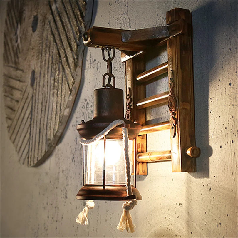lampe rétro japonaise en bambou et corde de chanvre led - vue 3 sur 7