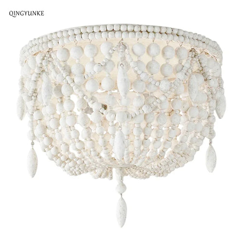 French Style Retro Pendant Lights For Living Room  Bedroom Children'S Room Princess White Wood Bead Decorative Indoor Lighting - vue 4 sur 9