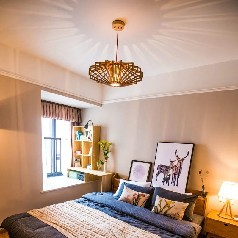 Simple Nordic solid wood chandelier warm bedroom lamp restaurant creative personalized wooden Chandelier - vue 5 sur 7