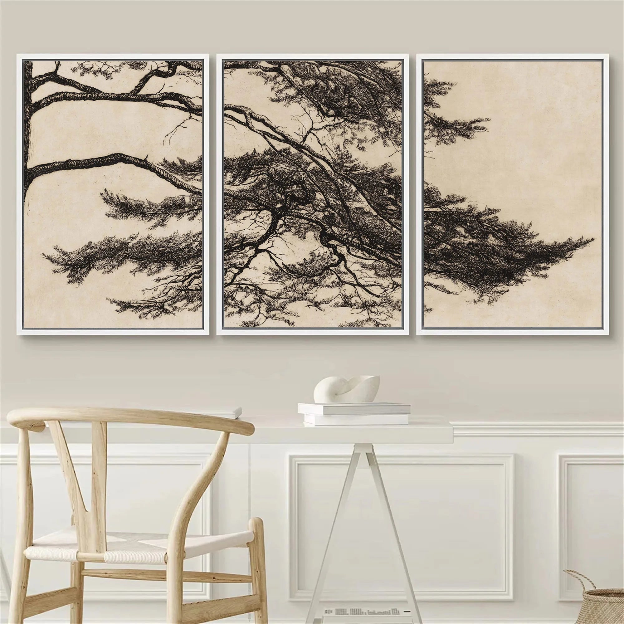 triptyque vintage branche de pin art mural décoration intérieure - vue 3 sur 7