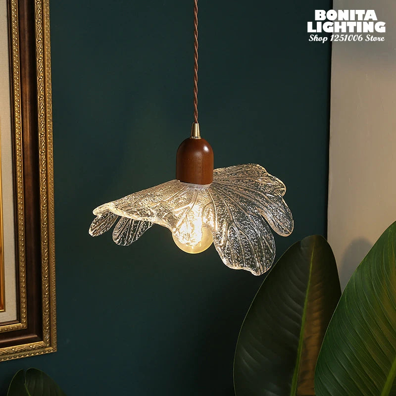 suspension lotus en noyer laiton et verre rétro - vue 3 sur 8