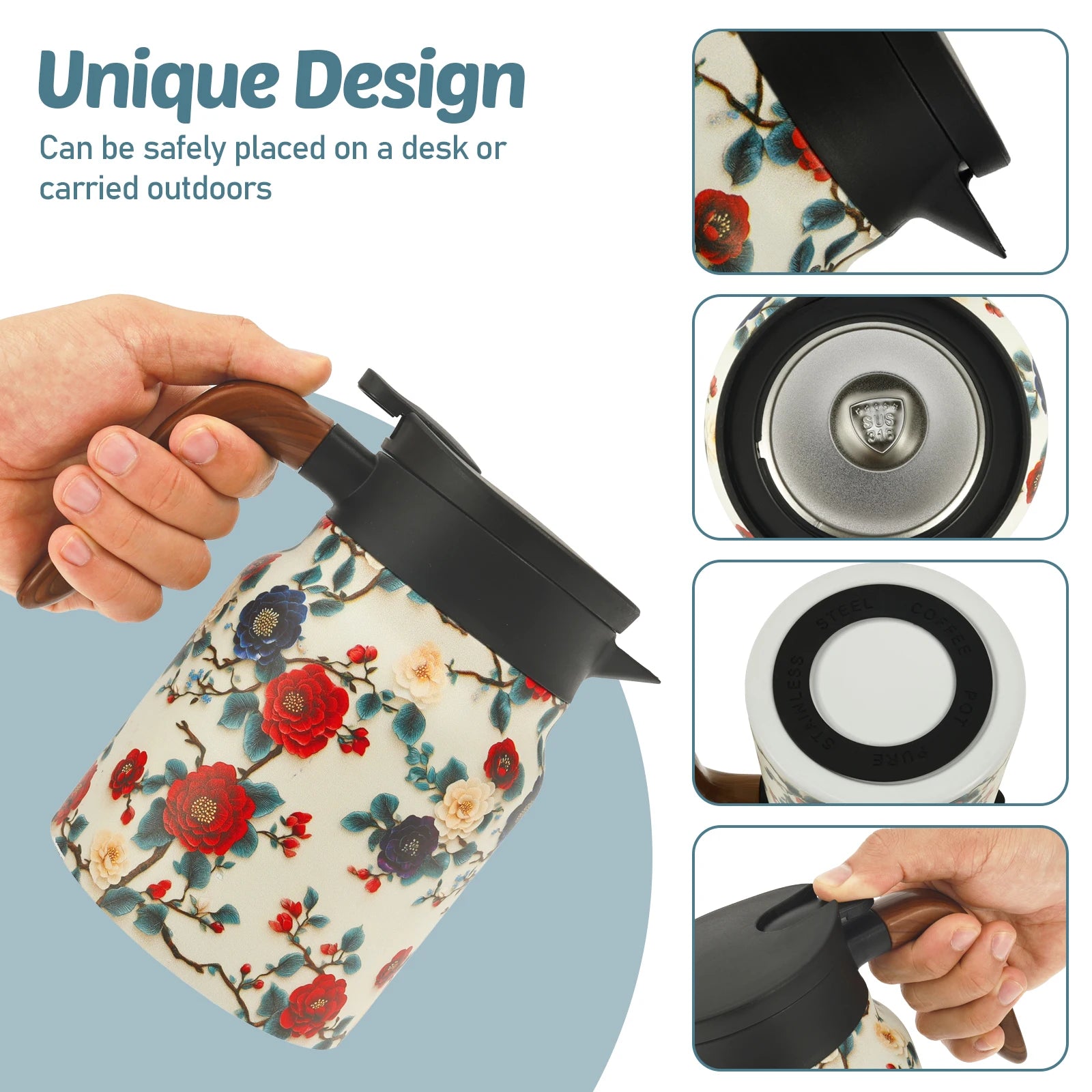 Théière isotherme vintage motif floral acier inox infuseur - vue 7 sur 7