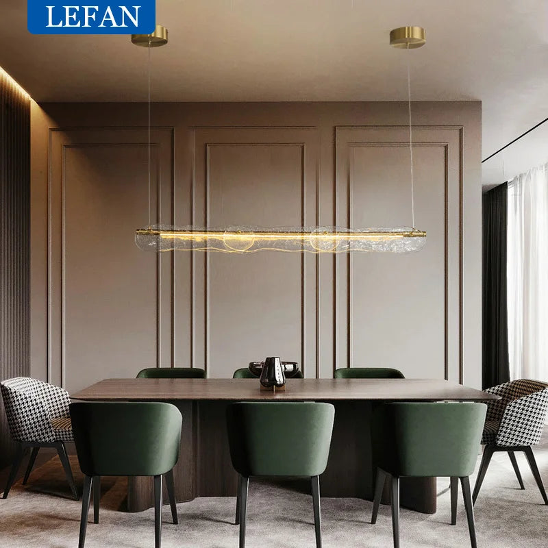 Lustre moderne allcopper lumière luxe créatif longue bande minimaliste bar salle à manger comptoir eau motif Suspension en verre