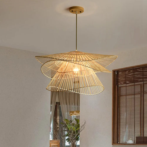 lustre led en bambou rotin créatif pour décoration maison - vue 3 sur 9