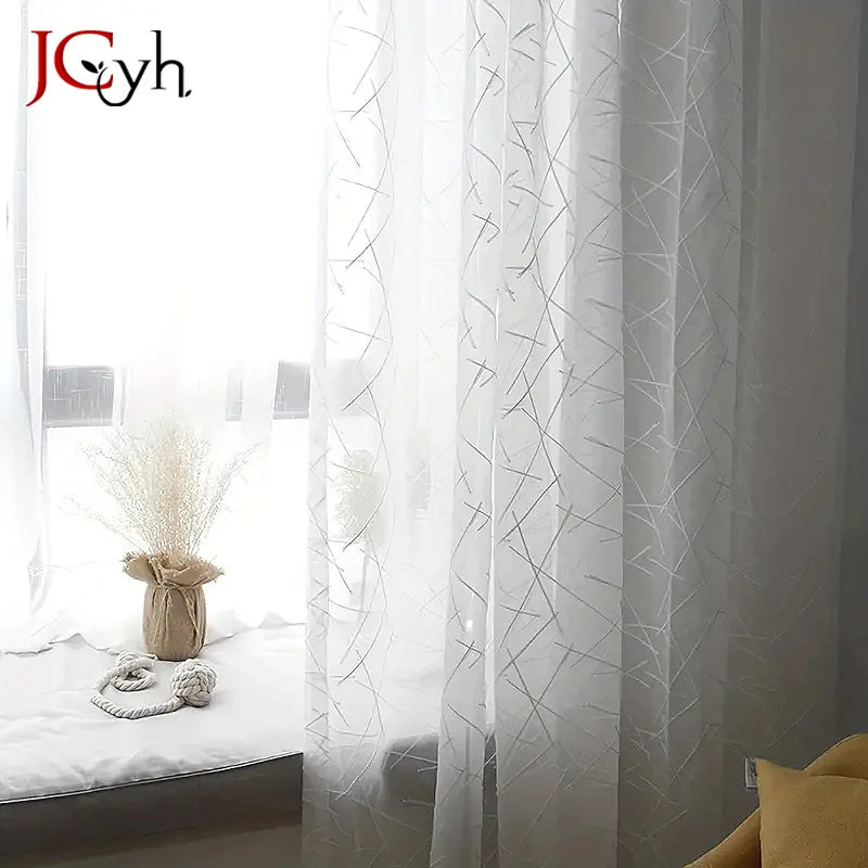 Voilage tulle a motifs rayures style moderne salon - vue 5 sur 7
