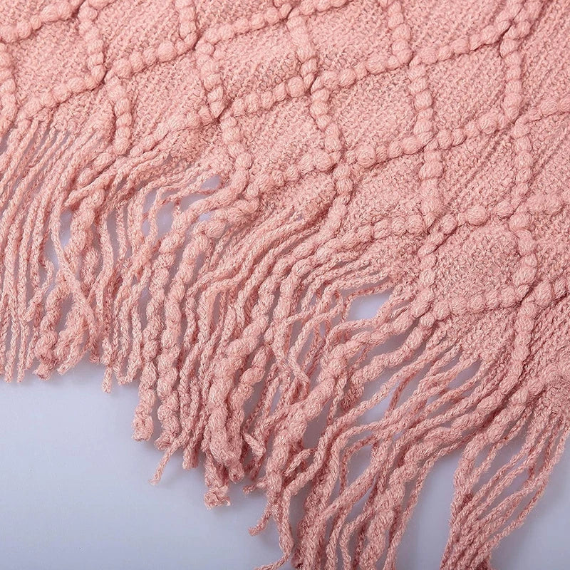 plaid decoratif tricot acrylique avec pompons pour salon - vue 4 sur 6