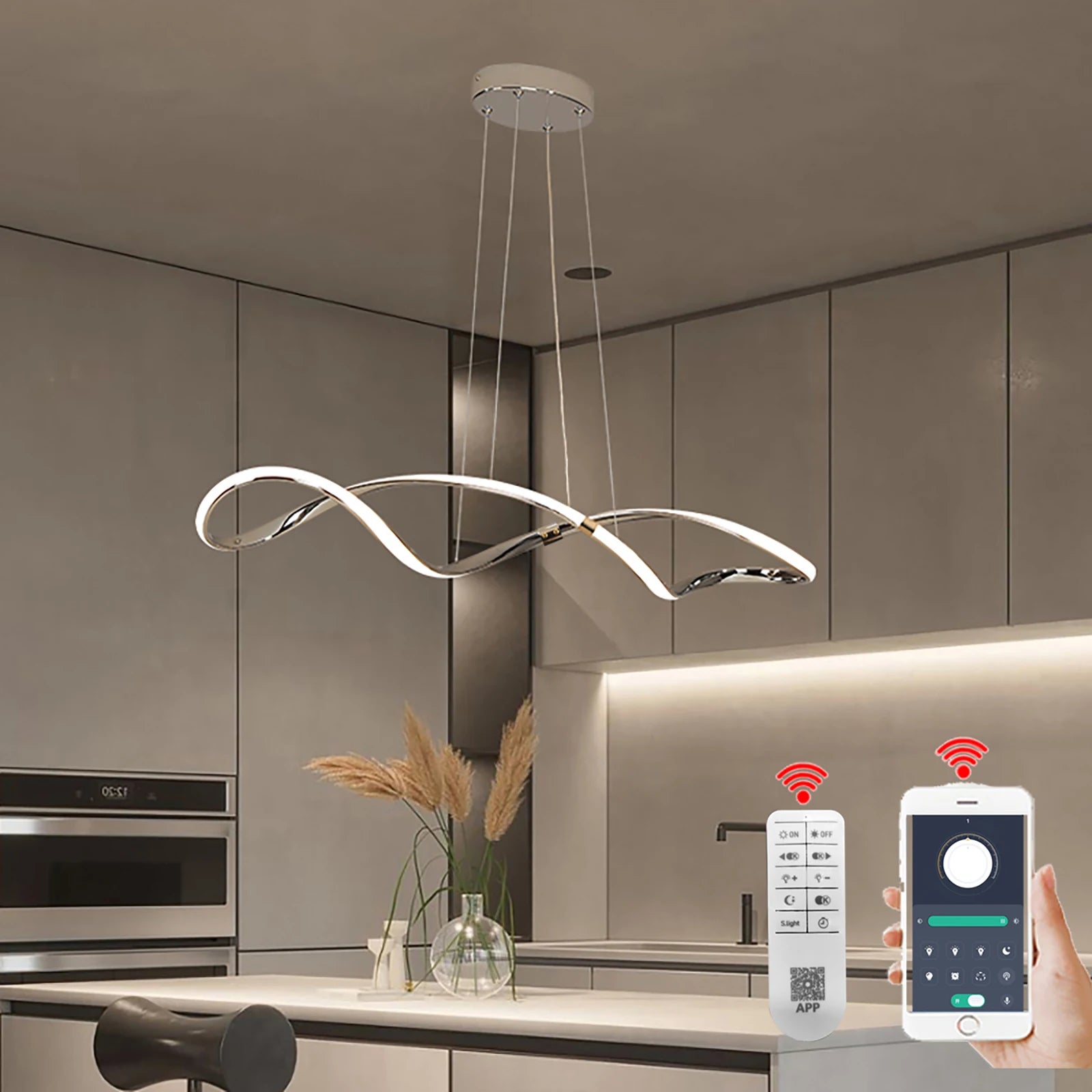 lustre led moderne suspendu avec éclairage et télécommande - vue 3 sur 8