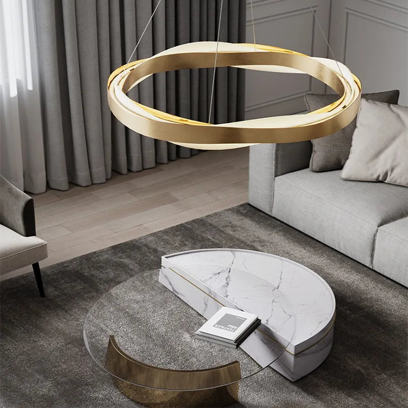 lustre led moderne anneaux brossés en cristal