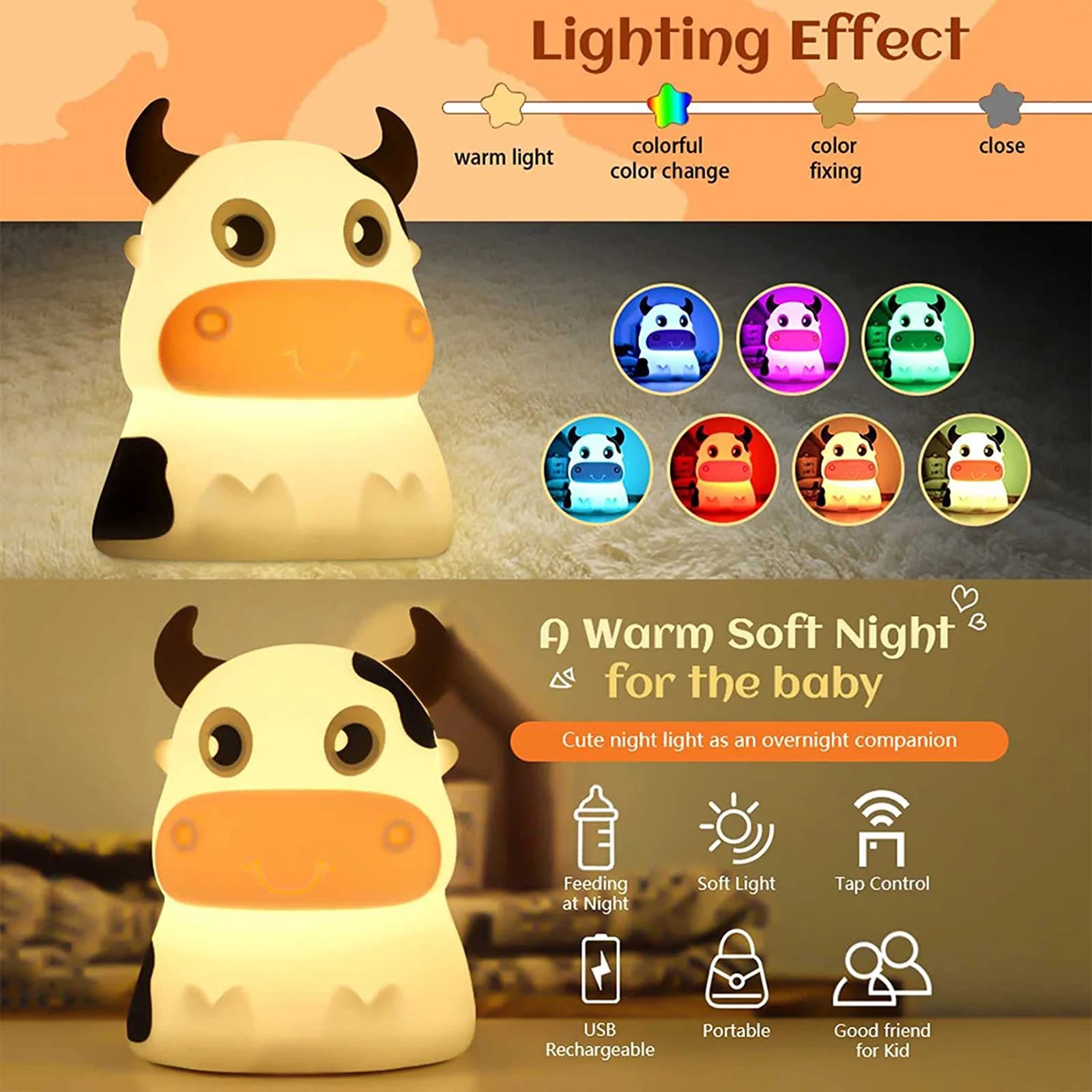 Lampe Mignon Vache Veilleuse À Distance Veilleuse 7 Couleurs En Silicone Souple Animal LED Pépinière Lampe De Nuit Chambre Décor Pour Bébé Infantile Enfant En Bas Âge - vue 3 sur 8
