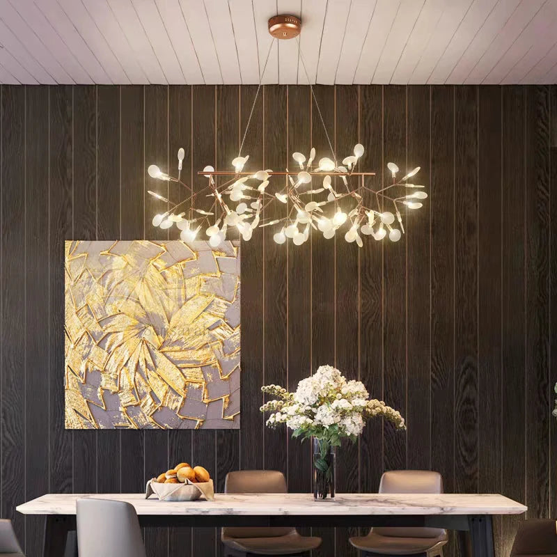 2024 Nordic Hanging Living Room Chandelier Large Modern Kitchen Firefly Lamp Rose Gold Black Branch Round Chandelier Lighting - vue 3 sur 9