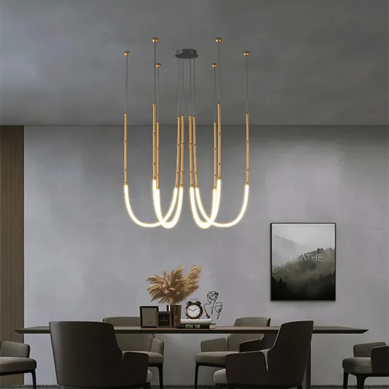Italian New Restaurant LED Chandelier Modern Villa Living Room Creative Hanging Lamp Simple Line Lights Duplex Floor Chandeliers - vue 3 sur 16