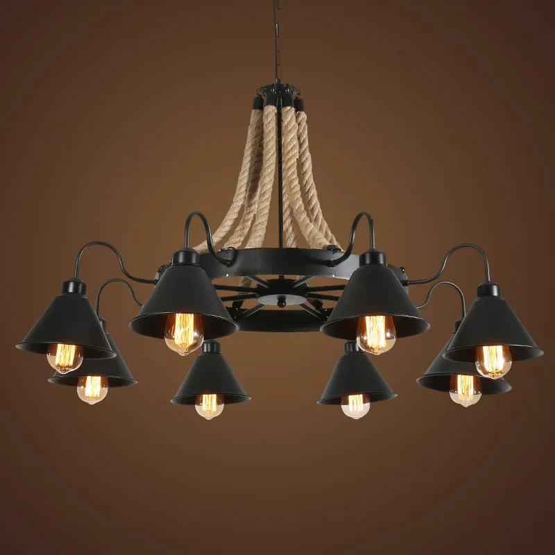 Vintage Hemp Rope Pendant Lamps Iron Lampshade Retro Coffee House Bar Indoor Lightings E27 Industrial Style Chain Pendant Light