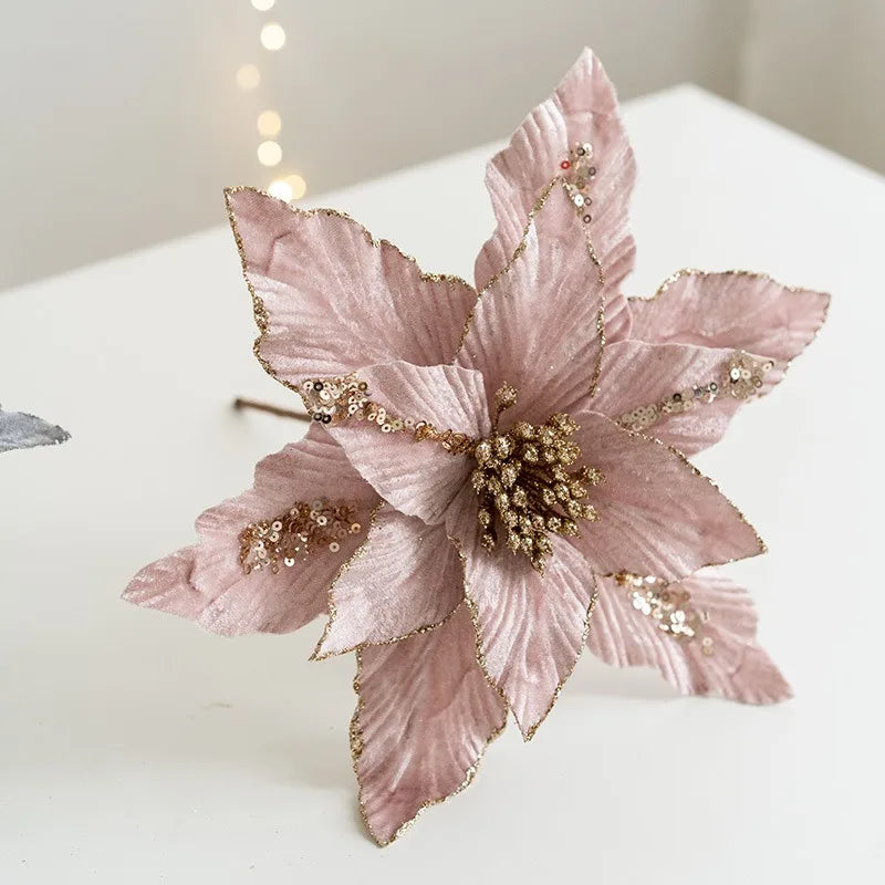 fleur de noël artificielle en velours pailleté décoration festive pour maison - vue 5 sur 12