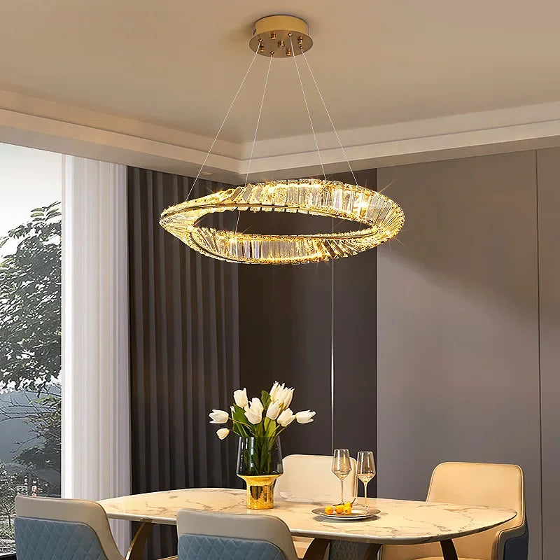 lustre moderne en cristal led avec anneau en acier décoratif - vue 5 sur 13