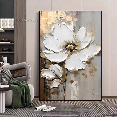 Tableau peinture à l'huile épaisse fleurs blanches abstraites décoration murale luxe - vue 11 sur 11