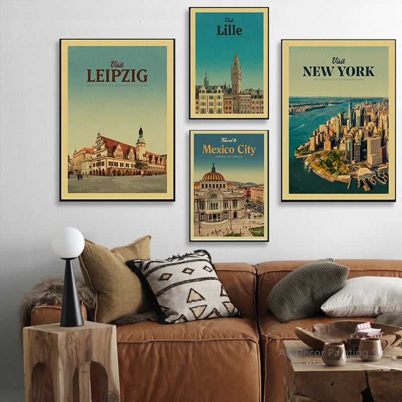 affiche rétro des destinations touristiques du monde entier