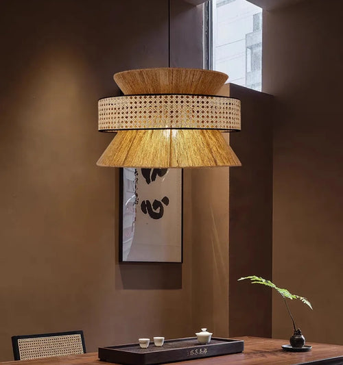 Wabi Sabi lampe de chambre d'étude rétro de style japonais maison de campagne américaine corde de chanvre tissée à la main Suspension faite à la main lustre
