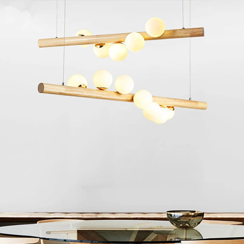 LED longue suspension en bois lumières moderne boule de verre lustre Art Design Luminaire en bois G9 suspension pour éclairage de salle à manger