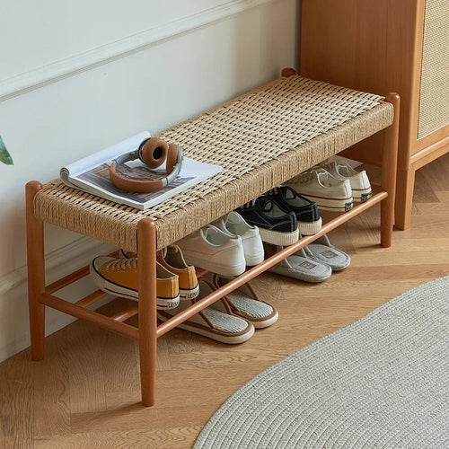 tabouret à chaussures en bois massif tressé en rotin style rétro moderne - vue 2 sur 9