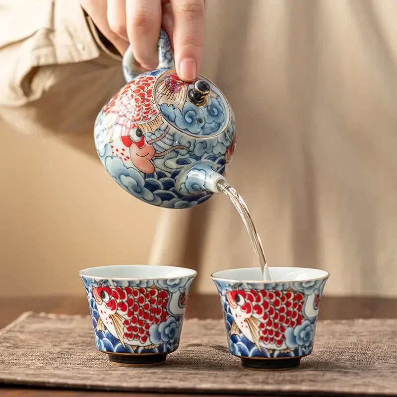 Théière chinoise porcelaine décor sous couverte infuseur - vue 5 sur 7