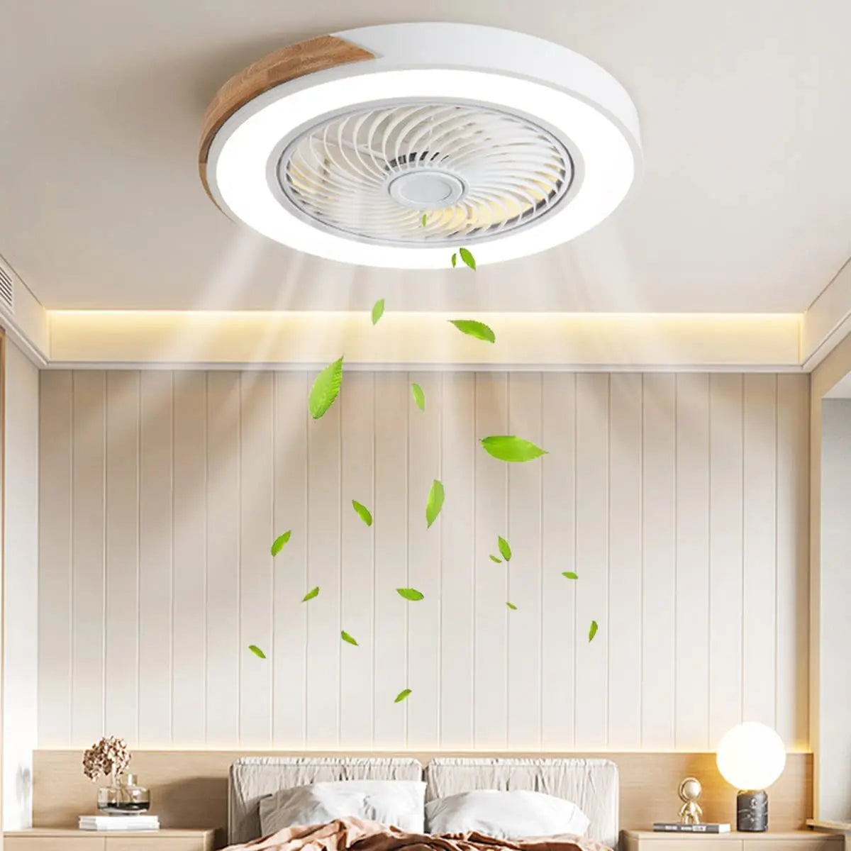 plafonnier en bois avec télécommande et lumière led variable 3 couleurs - vue 2 sur 12