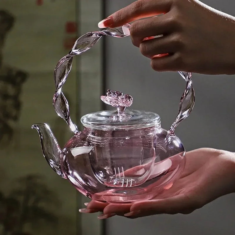 Théière verre borosilicate poignée articulée fonction papillon
