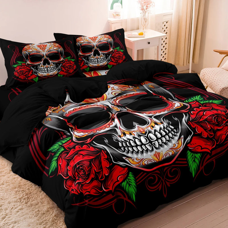 parure de lit florale et crânes de sucre mexicains