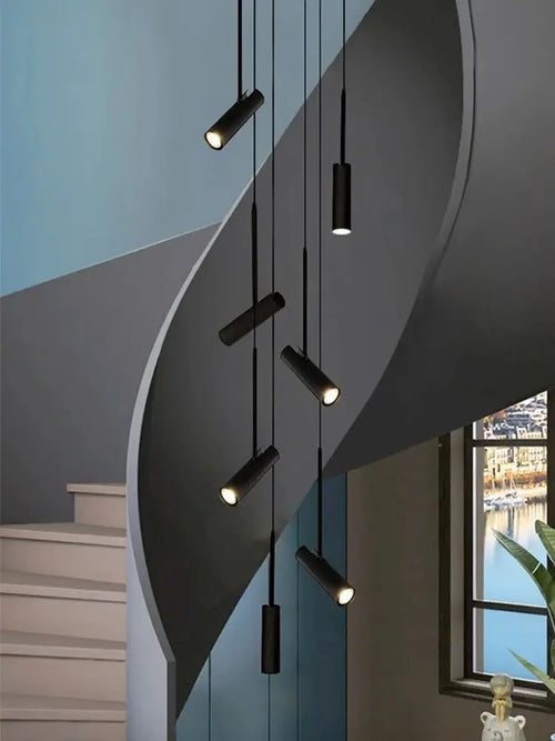 Led cylindrique spot suspension design moderne Restaurant éclairage noir blanc minimaliste escalier Long lustre