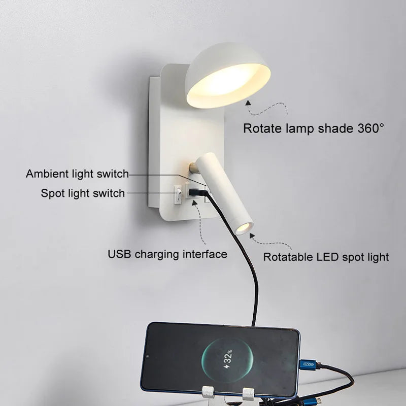applique murale led luminaire avec interrupteur interface usb éclairage art - vue 5 sur 8