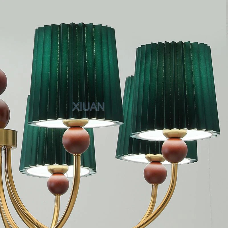 lustre led vintage américain en tissu plissé et bois wabi-sabi - vue 7 sur 12