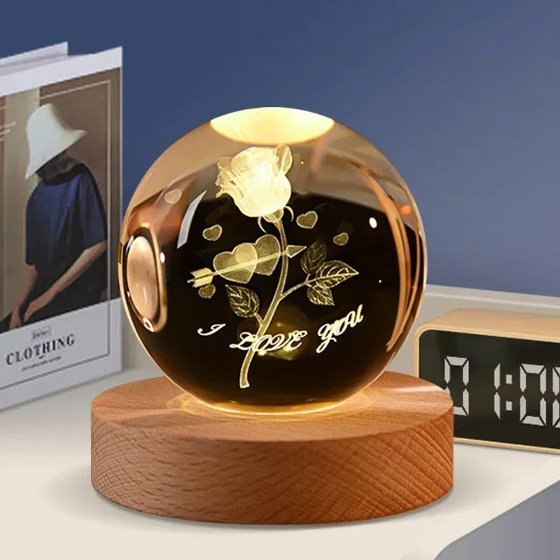 veilleuse 3D en cristal système solaire cadeau décoratif en bois - vue 8 sur 16