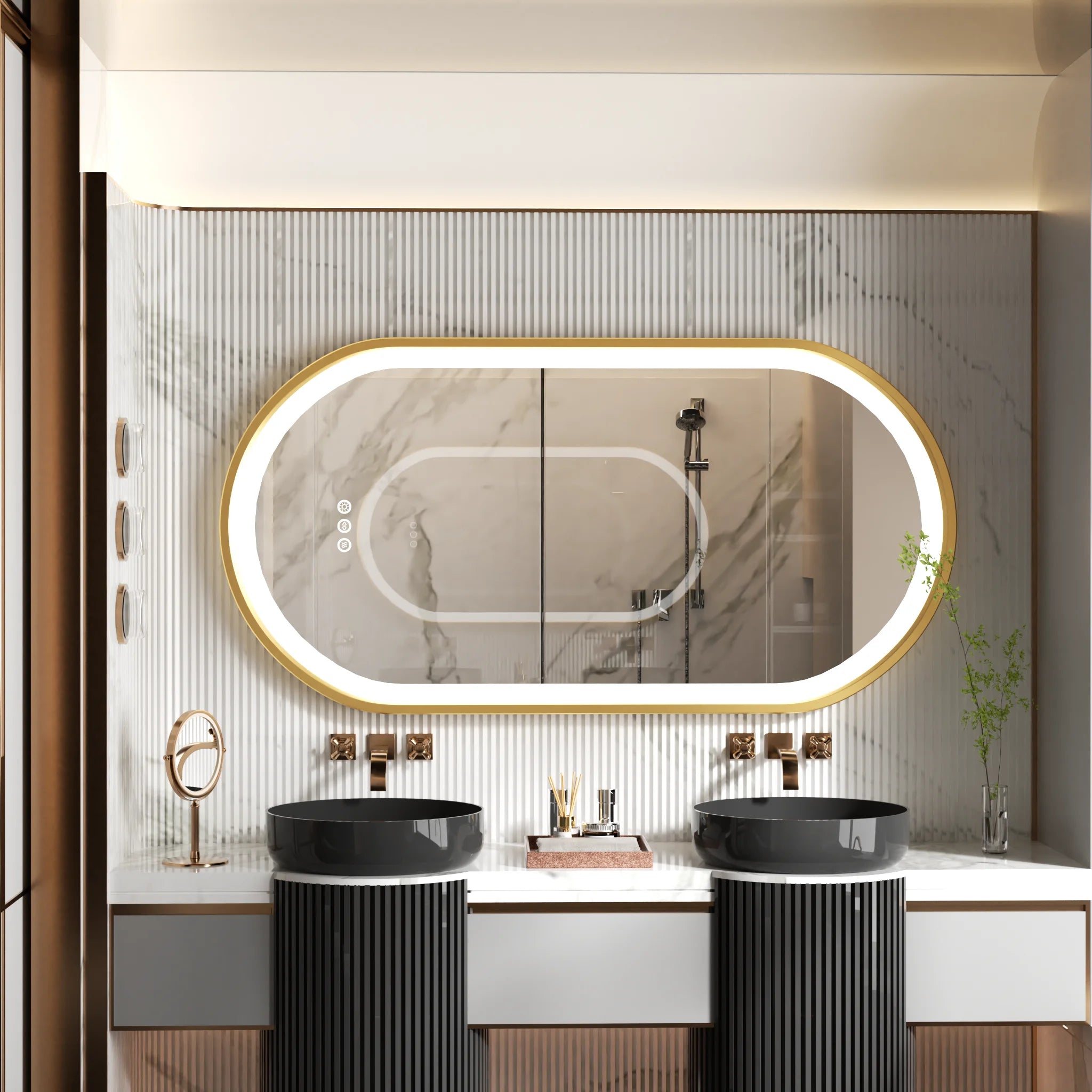 grand miroir oval à led avec éclairage intensité variable et antibuée - vue 3 sur 8