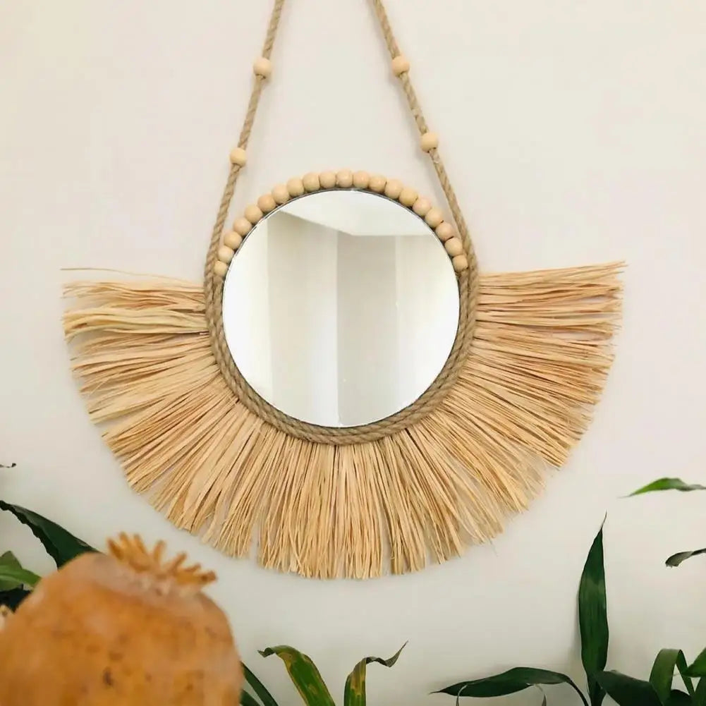 miroir suspendu en raphia et perles en bois décoratif multifonctions - vue 7 sur 11