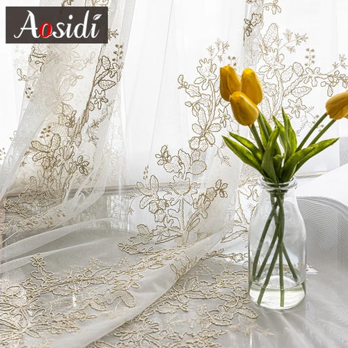 Voilage tulle brodé floral rideau moderne salon chambre - vue 5 sur 7