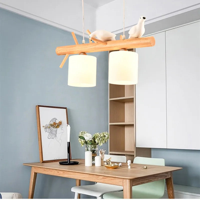 lustre nordique en bois massif avec oiseaux pour décoration intérieure - vue 2 sur 9