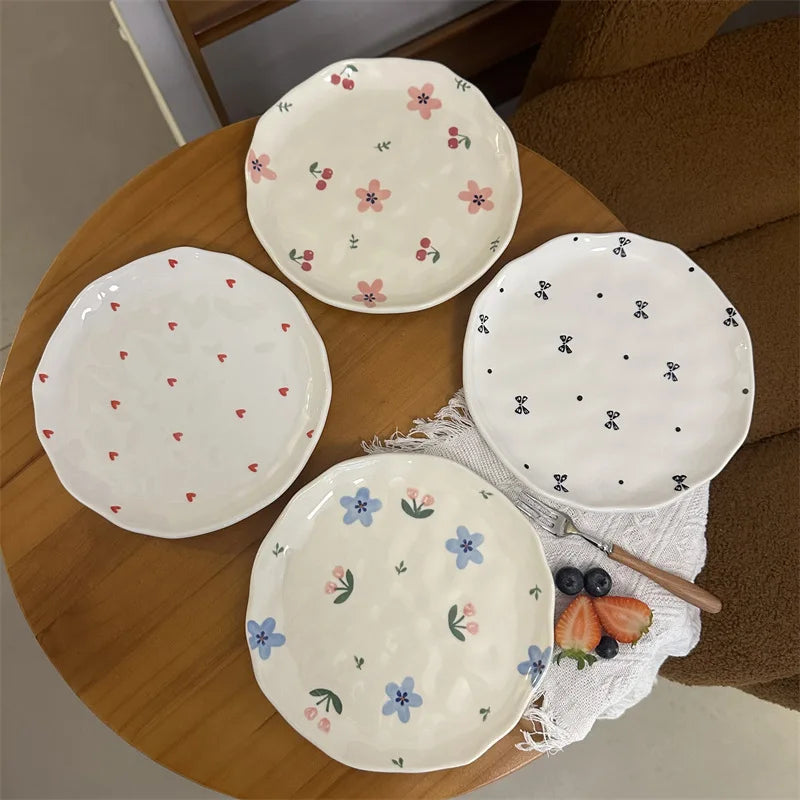 Assiette a gateau ceramique style coreen motif floral - vue 3 sur 5