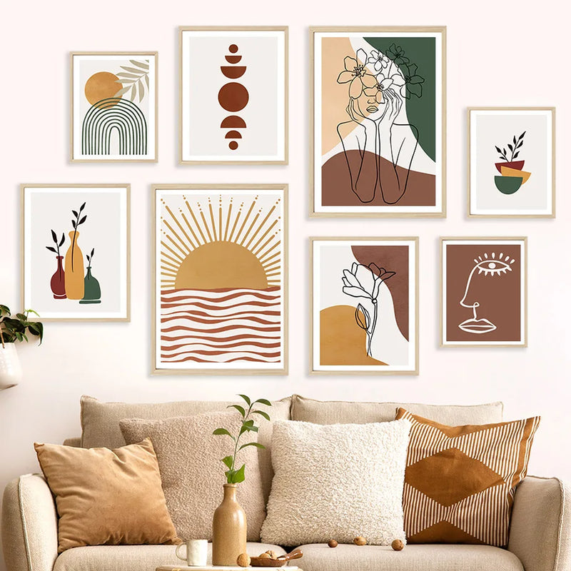 art mural abstrait boho avec fleurs lune et soleil