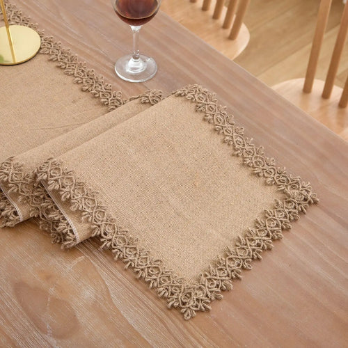 Chemin de table macrame beige rustique boheme franges