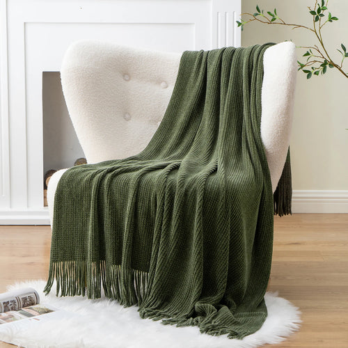 plaid maille chenille a pompons motif carreaux decoratif - vue 3 sur 6