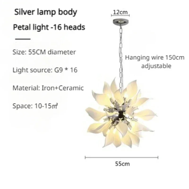 lustre moderne en céramique avec pétales de fleurs et lumière led