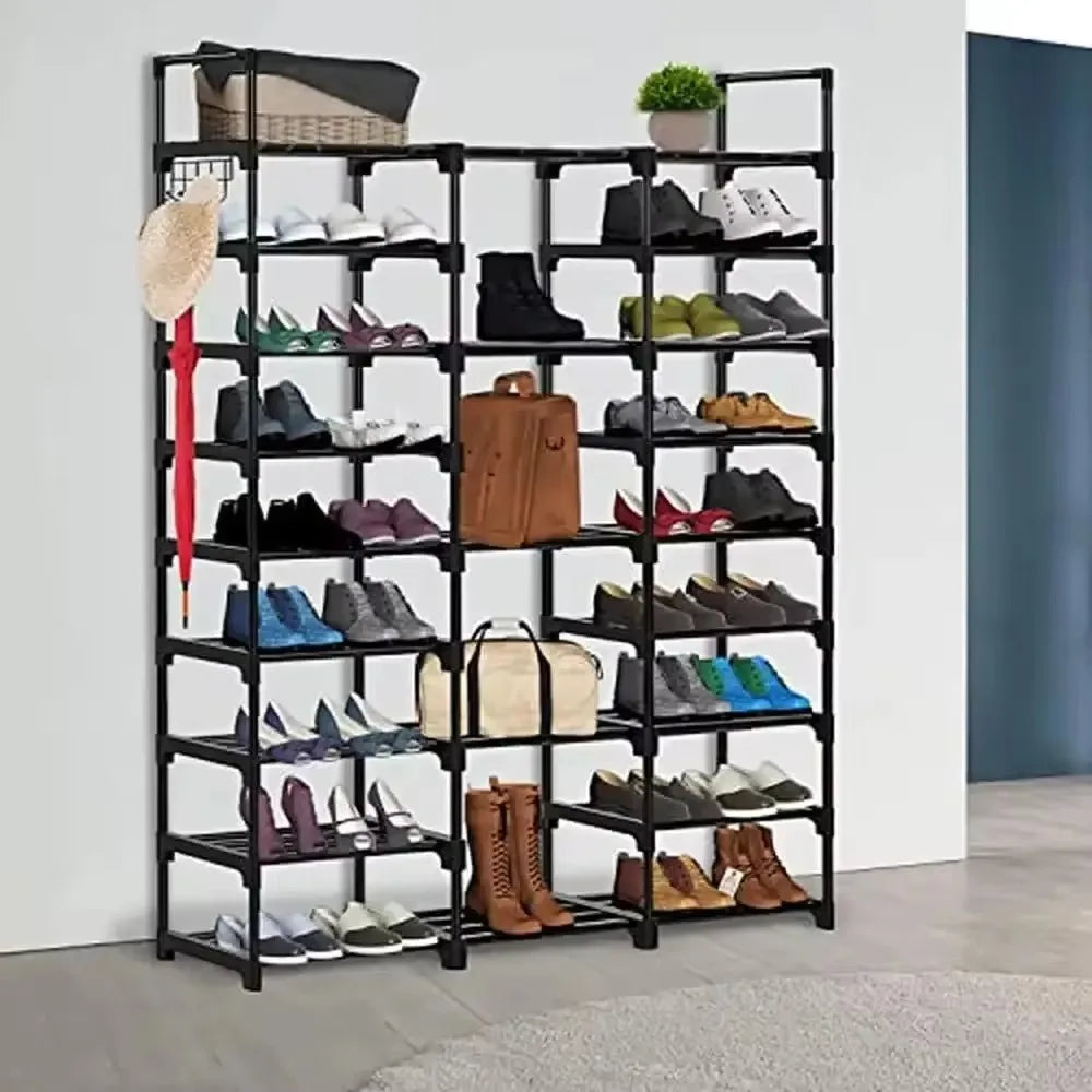 étagère à chaussures en métal avec porte-manteau et crochets intégrés - vue 5 sur 9