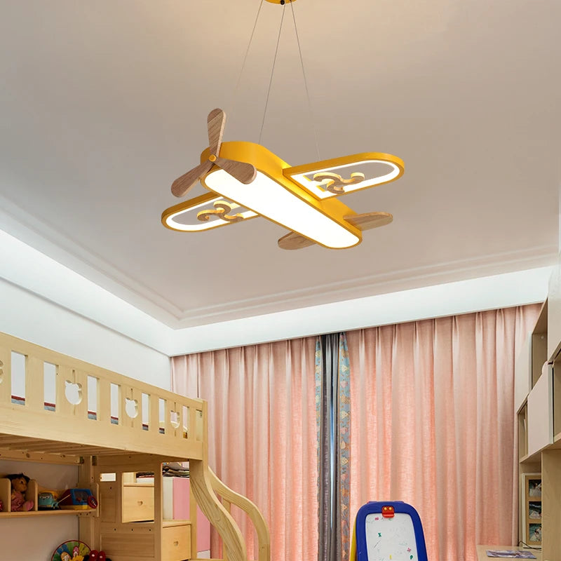 Plafonnier avion LED jaune bleu design minimaliste plafonnier en bois pour chambre d'enfant maison bébé garçons enfant suspension