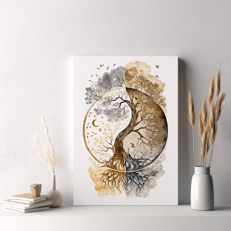 impression toile arbre de vie nordique et bouddha art mural spirituel