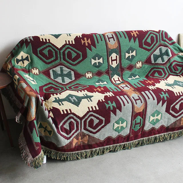 Plaid bohème tricoté motif carte du monde salon