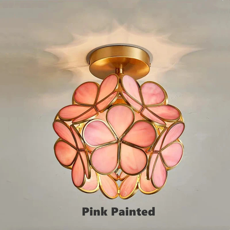 lustre vintage en verre et cuivre pétales décoratifs lumineux