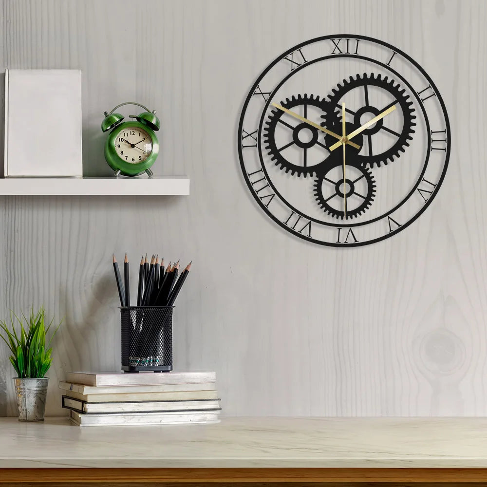 horloge murale rétro silencieuse à chiffres romains et engrenages mécaniques - vue 4 sur 8