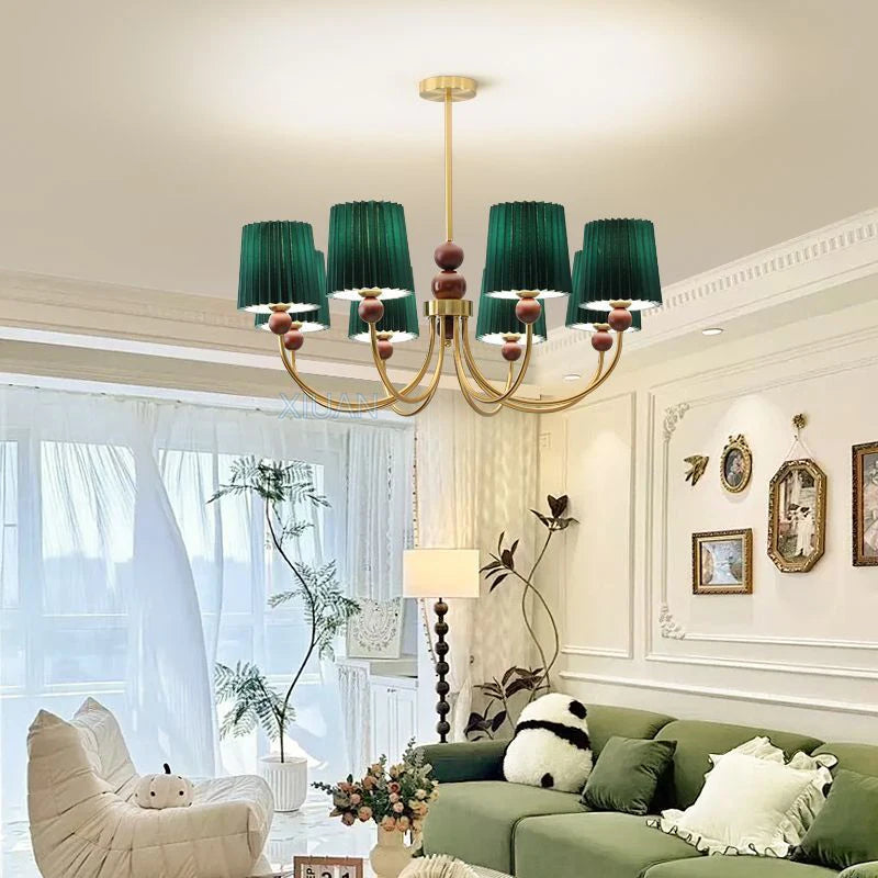 lustre led vintage américain en tissu plissé et bois wabi-sabi - vue 3 sur 12