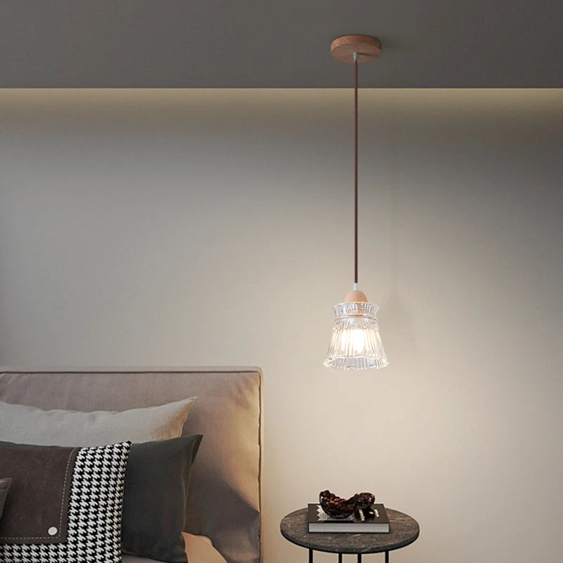 Lampe de chevet verre bois LED E27 Suspension