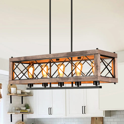 Lustre rustique en métal et bois - vue 2 sur 7